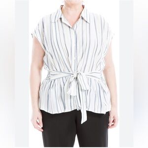 Max Studio Front Tie Self Belt Top Shirt Button Down Blouse Stripe Tunic T65 L